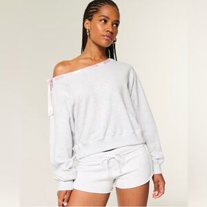 Hollister relaxed Off-the-Shoulder gray pink ribbon Tie coquette Sweatshirt XXL